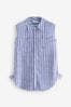 Blue/White Stripe Sleeveless Ruched Side Linen Blend Shirt, Regular