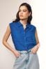 Cobalt Blue Sleeveless Ruched Side Linen Blend Shirt, Regular