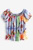 Leuchtende Farben/Tropisches Muster - Bluse mit Puffärmeln und Carmen-Ausschnitt