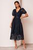 Lipsy Navy Blue Premium Lace Embroidered Puff Sleeve Belted Midi Dress, Regular