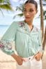 V&A | Love & Roses Green Embroidery Ruffle V Neck Button Through Blouse