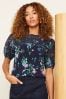 Love & Roses Navy Blue Floral Petite Scallop Dobby Yoke Round Neck Short Sleeve Jersey Top, Petite