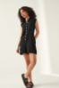 Black Button Down Romper Playsuit With Linen, Regular