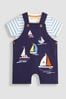 JoJo Maman Bébé Navy Blue Boat Appliqué Short Dungarees & T-Shirt Set