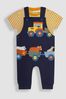 JoJo Maman Bébé Navy Blue Tractor Appliqué Trouser Dungarees & T-Shirt Set