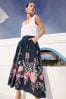 V&A | Love & Roses Navy Floral Printed Midi Skirt With Linen, Regular