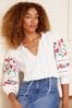 Love & Roses Ivory White V Neck Embroidered Sleeve Jersey Top