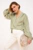 Green Long Sleeve V-Neck Button Front Blouse With Linen, Regular