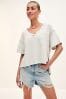 Grey Oversized Linen Look Washed Pocket Detail Slouch V-Neck T-Shirt, Regular