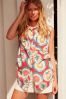 Red Plate Print Sleeveless Ruched Side Linen Blend Shirt, Regular
