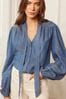 Love & Roses Blue Tencel Long Sleeve Tie Neck Shirred Cuff Blouse
