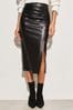 Lipsy Black Faux Leather Ruched Split Midi Skirt