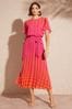 Love & Roses Pink and Orange Printed Tulip Sleeve Belted Pleated Midi Summer Dress