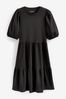 Black Cotton Short Puff Sleeve Tiered Mini Dress