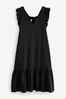 Black Ruffle Sleeve Tie Back Mini Dress touch With Linen, Regular