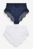 Navy/White High Rise Tummy Control Lace Knickers 2 Pack, High Rise