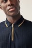 Navy Blue Textured Long Sleeve Polo Shirt