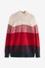 Ecru Creme mit vielen roten Streifen - Lang geschnittener, hoch geschlossener Pullover in Regular Fit