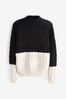 Schwarz/Weiß/Farbblockdesign - Pullover mit Stehkragen und Zopfmuster