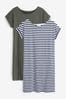Khaki/Navy Blue White Stripe 2 Pack Cotton Relaxed Fit Cap Sleeve Tunic Dresses