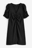 Black Ruched V-Neck Short Sleeve Midi Tea Dress, Regular