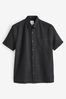 Black Standard Collar Linen Blend Short Sleeve Shirt