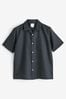 Black Cuban Collar Linen Blend Short Sleeve Shirt, Cuban Collar