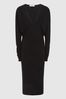 Reiss Black Jenna Wool Blend Ruched Sleeve Midi Dress, Regular