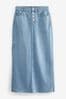 Mid Blue Button Front Side Split Denim Maxi Skirt