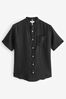 Black Grandad Collar Signature 100% Linen Short Sleeve Shirt, Grandad Collar