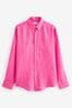 Pink Standard Collar Signature 100% Linen Long Sleeve Shirt, Standard Collar