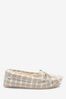 Neutral/Cream Check Faux Fur Lined Moccasin Slippers