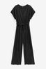 Black Short Sleeve Plissé Jumpsuit, Regular