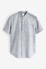 Grey Grandad Collar Linen Blend Short Sleeve Shirt, Grandad Collar