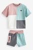 Blue/Pink Oversized Short Sleeves Colourblock T-Shirt and Shorts Set (3mths-7yrs)