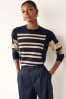 Navy Blue and Camel Stripe Cosy Crew Neck Long Sleeve Jumper