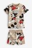 Neutral Tan Mickey Mouse All Over Printed T-Shirt Destroyed-Look and Shorts License Set (3mths-8yrs)