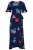 Pour Moi Navy Blue Multi Print Megan Fuller Bust Slinky Jersey Frill Detail Midi Wrap Dress