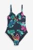 Navy Blue Floral Padded Wired Tummy Control Swimsuit