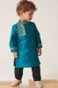 Teal Blue/Gold Regular Length Embroidered Boys Kurta (3mths-7yrs), Regular Length