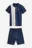 Navy Blue Short Sleeve Colourblock Zip Neck Polo And Short Set (3-16yrs)