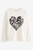 Ecru White Long Sleeve Sequin Heart T-Shirt (3-16yrs)