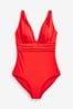 Red Print Plunge Tummy Shaping Control Swimsuit