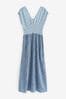 Blue Tile Print Shirred Waist V-Neck Sleeveless Maxi Dress, Regular