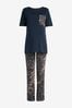 <span>Marineblau/Animal</span> - Kurzärmeliger Pyjama aus Baumwolle (Umstandsmode)