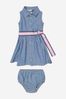 Baby Girls Cotton Chambray Sleeveless Shirt Dress With Knickers in Navy