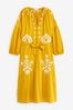 Yellow Linen Rich Embroidered Midi Summer Dress