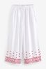 White Linen Mix Embroidery Culotte Trousers, Regular