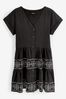 Black Embroidery Detail Linen Blend Tiered Mini Dress, Regular