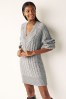 Ecru White Cable V-Neck Knit Dress, Regular